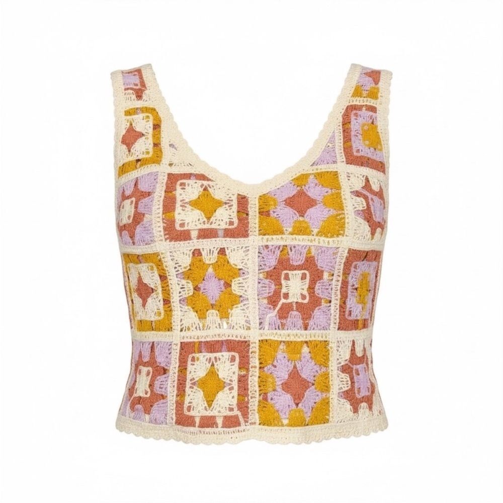 REBELLION Again Women's Small Crochet Grannys Square Tank Top Knitted Patch Boho